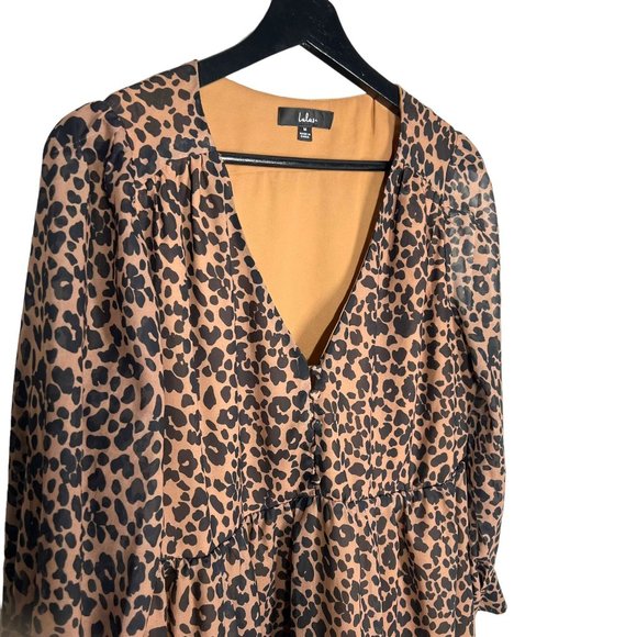 Lulus Black Brown Leopard Print Long Sleeve Babydoll Dress Medium - Picture 2 of 12